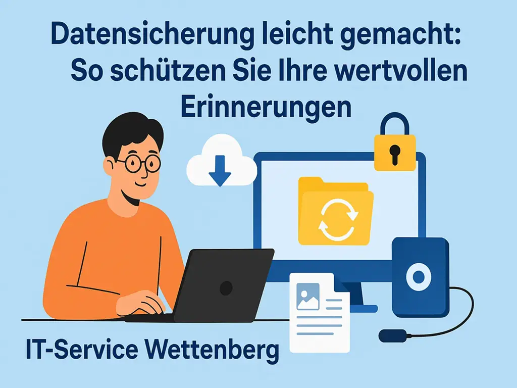 IT-Service Wettenberg – Illustration zur Datensicherung: junger Mann am Laptop, Monitor mit Backup-Symbol, Cloud-Icon, externer Speicher und Schloss für sichere Datensicherung
