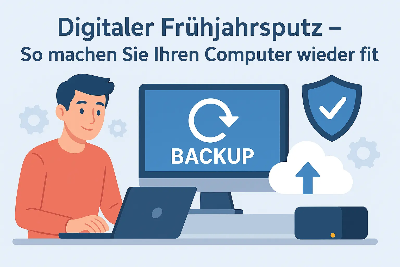 IT-Service Wettenberg Illustration zum digitalen Frühjahrsputz: junger Mann optimiert seinen Computer, Monitor zeigt Backup-Symbol, Cloud und Sicherheitsschild für PC-Wartung und Datensicherung