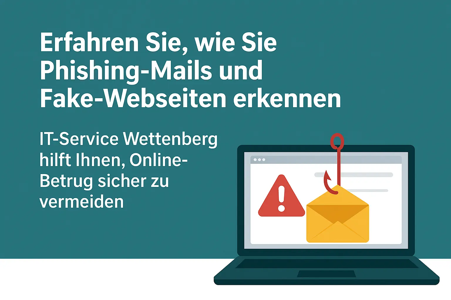 Illustration eines Laptops mit Warnsymbol und E-Mail-Symbol als Hinweis auf Phishing-Mails und Fake-Webseiten. Text: ‚Erfahren Sie, wie Sie Phishing-Mails und Fake-Webseiten erkennen – IT-Service Wettenberg hilft Ihnen, Online-Betrug sicher zu vermeiden.
