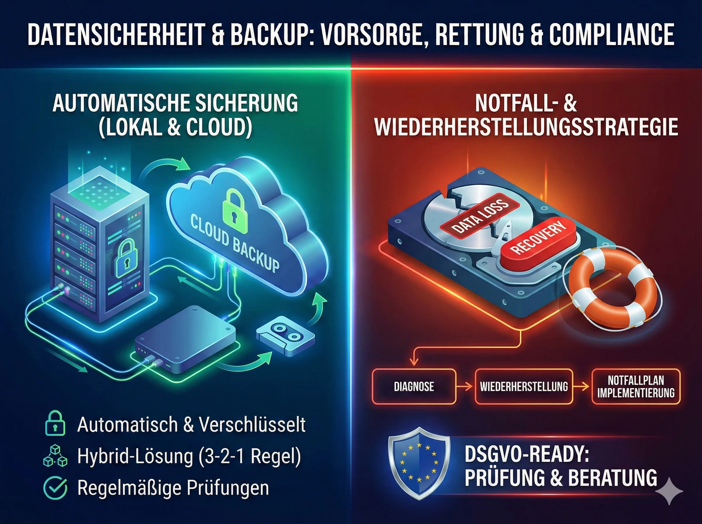 Eine zweigeteilte Infografik mit dem Gesamttitel "DATENSICHERHEIT & BACKUP: VORSORGE, RETTUNG & COMPLIANCE". Die linke, blau-grüne Hälfte trägt die Überschrift "AUTOMATISCHE SICHERUNG (LOKAL & CLOUD)" und zeigt Grafiken eines Servers, einer externen Festplatte und eines Cloud-Symbols, verbunden durch Datenströme, sowie Hinweise zu automatischer Verschlüsselung und Hybrid-Lösungen. Die rechte, rot-orange Hälfte hat die Überschrift "NOTFALL- & WIEDERHERSTELLUNGSSTRATEGIE" und illustriert eine defekte Festplatte mit "DATA LOSS", einen Rettungsring, einen "RECOVERY"-Knopf, ein Prozessdiagramm für Diagnose und Wiederherstellung sowie ein Schild-Symbol mit der Aufschrift "DSGVO-READY: PRÜFUNG & BERATUNG".