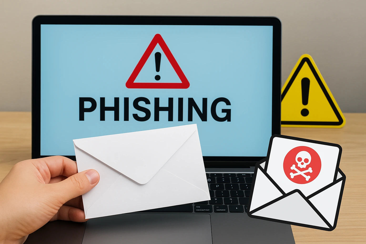 Bild zum Schutz vor Online-Betrug und zum erkennen von Fishing Mails mit Laptop und toxischen E-Mail Symbolen.