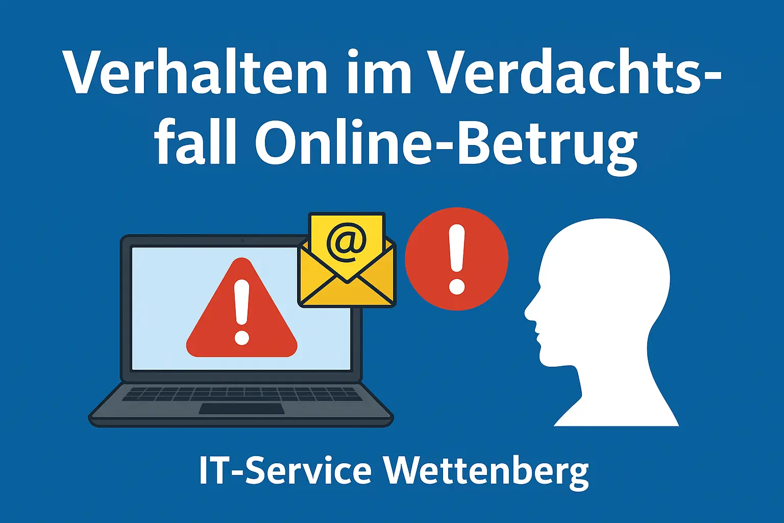 Illustration eines Laptops mit Warnsymbol, E-Mail-Icon und menschlichem Profilkopf. Text: ‚Verhalten im Verdachtsfall Online-Betrug – IT-Service Wettenberg‘. Symbolische Darstellung für richtiges Handeln bei Online-Betrugsverdacht.