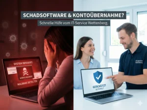 Split-Screen-Grafik: Links eine gestresste Nutzerin mit einem von Schadsoftware infizierten Laptop, rechts die gelöste Situation mit einem IT-Techniker vom IT-Service Wettenberg und einem bereinigten, geschützten Gerät. Titel: 'Schadsoftware & Kontoübernahme? Schnelle Hilfe vom IT-Service Wettenberg.