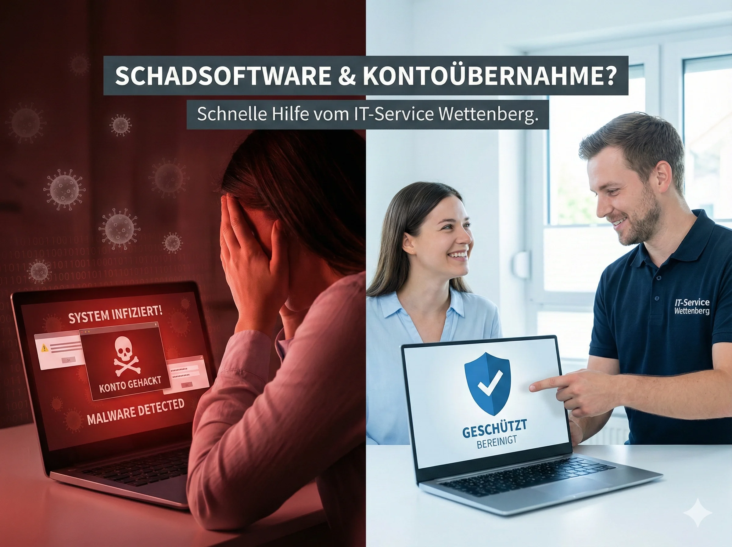 Split-Screen-Grafik: Links eine gestresste Nutzerin mit einem von Schadsoftware infizierten Laptop, rechts die gelöste Situation mit einem IT-Techniker vom IT-Service Wettenberg und einem bereinigten, geschützten Gerät. Titel: 'Schadsoftware & Kontoübernahme? Schnelle Hilfe vom IT-Service Wettenberg.