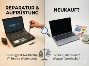 Vergleichsgrafik zum Blogbeitrag: Auf der linken Seite wird die nachhaltige und günstigere Aufrüstung eines alten Laptops (SSD, RAM) durch den IT-Service Wettenberg dargestellt, während die rechte Seite den oft teuren Neukauf in der Wegwerfgesellschaft symbolisiert.