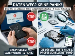 Infografik von IT-Service Wettenberg zur Datenrettung: Vergleich zwischen einem Datenverlust-Szenario mit defekter Hardware (links) und der professionellen Wiederherstellung durch einen Techniker im Labor (rechts).