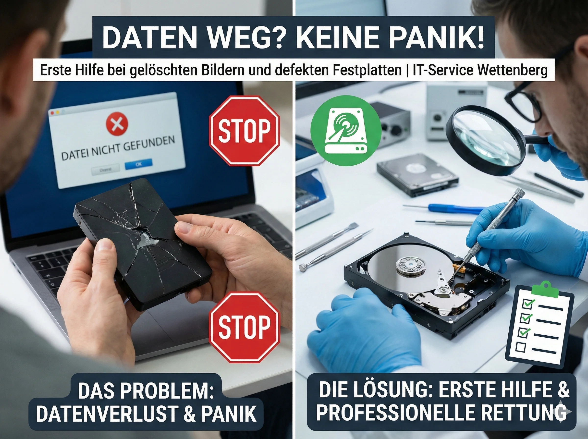 Infografik von IT-Service Wettenberg zur Datenrettung: Vergleich zwischen einem Datenverlust-Szenario mit defekter Hardware (links) und der professionellen Wiederherstellung durch einen Techniker im Labor (rechts).