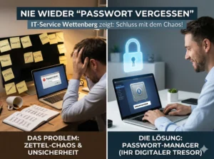 Symbolbild für IT-Sicherheit: Schluss mit unsicheren Klebezetteln am PC – Umstieg auf einen sicheren Passwort-Manager. IT-Service Wettenberg.